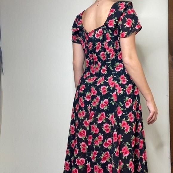 Karin Stevens Vintage 90s Black Rose Print Semi Sheer Midi Dress Size 6 - Picture 14 of 14